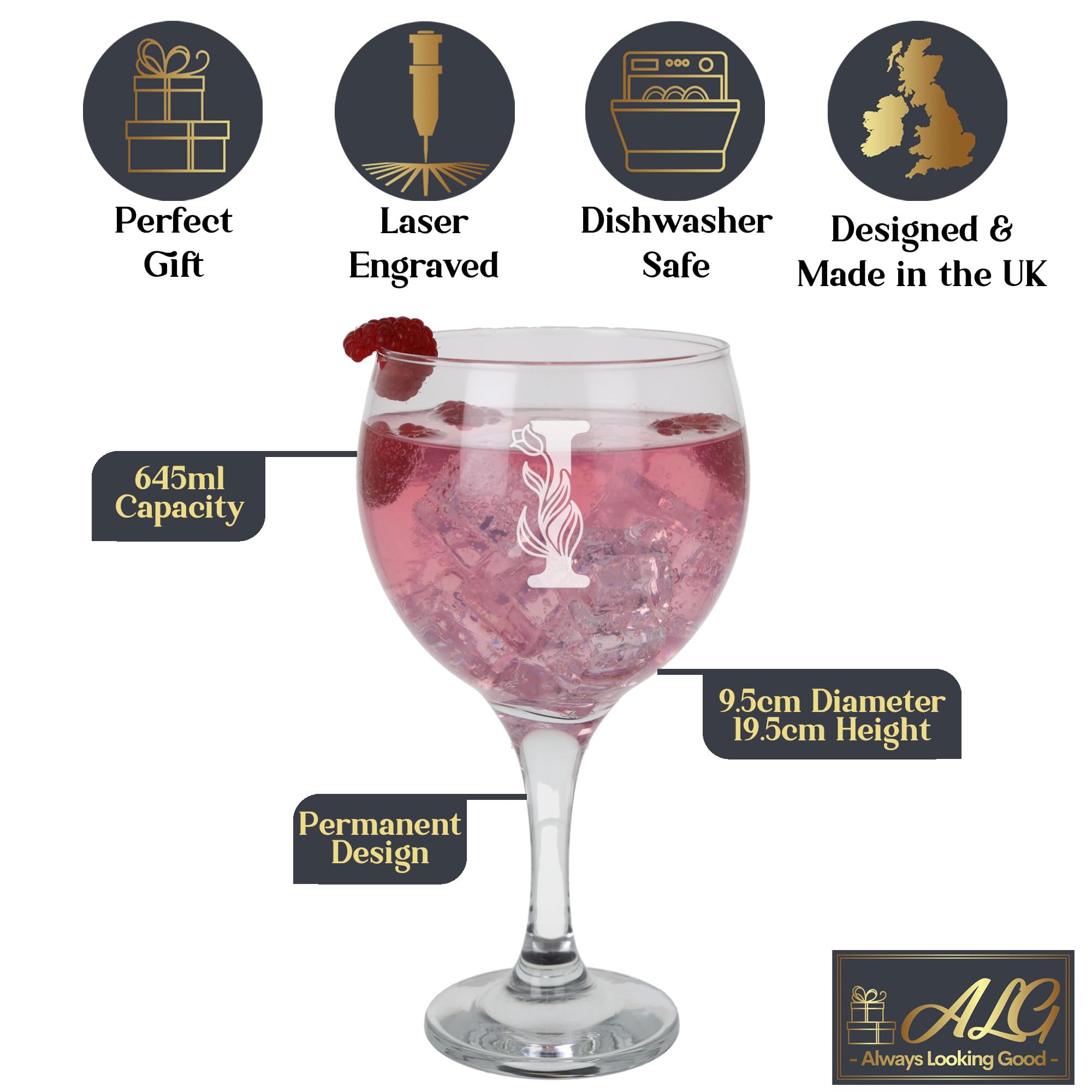 I Monogram Initial Etched Gin Goblet Glass, Engraved Gift